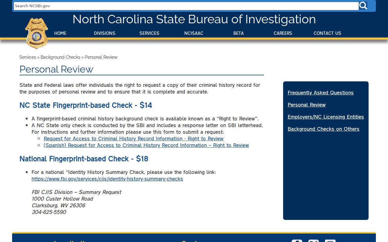 Caldwell County criminal history NCSBI personal record review
